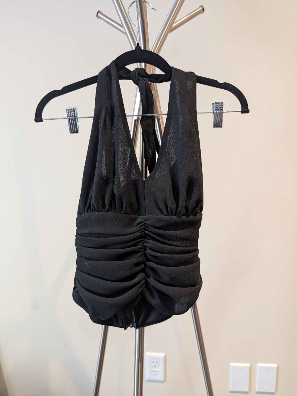VINTAGE Frank Lyman Design Black Halter Tie Sleeveless Top Ruching Details